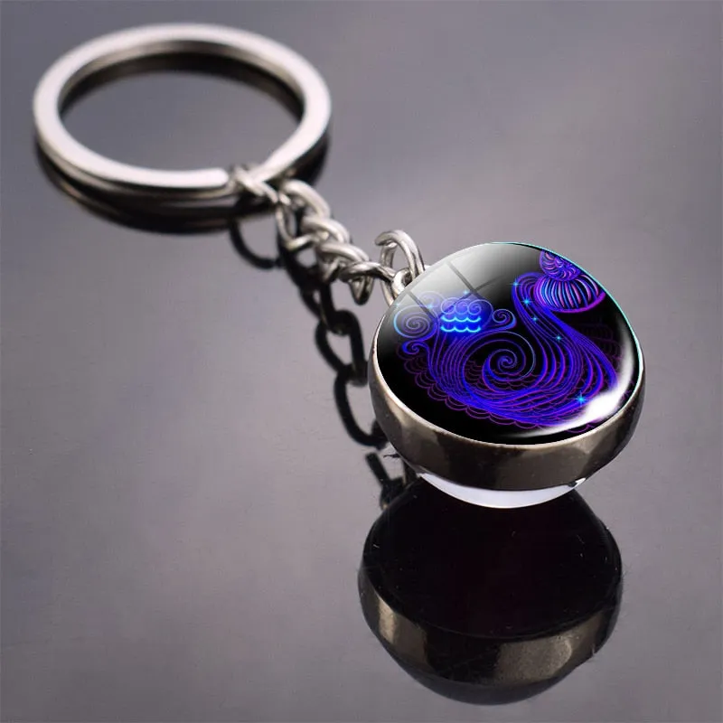 12 Constellation Keychain Fashion Double Side Cabochon Glass Ball Keychain For Men Women