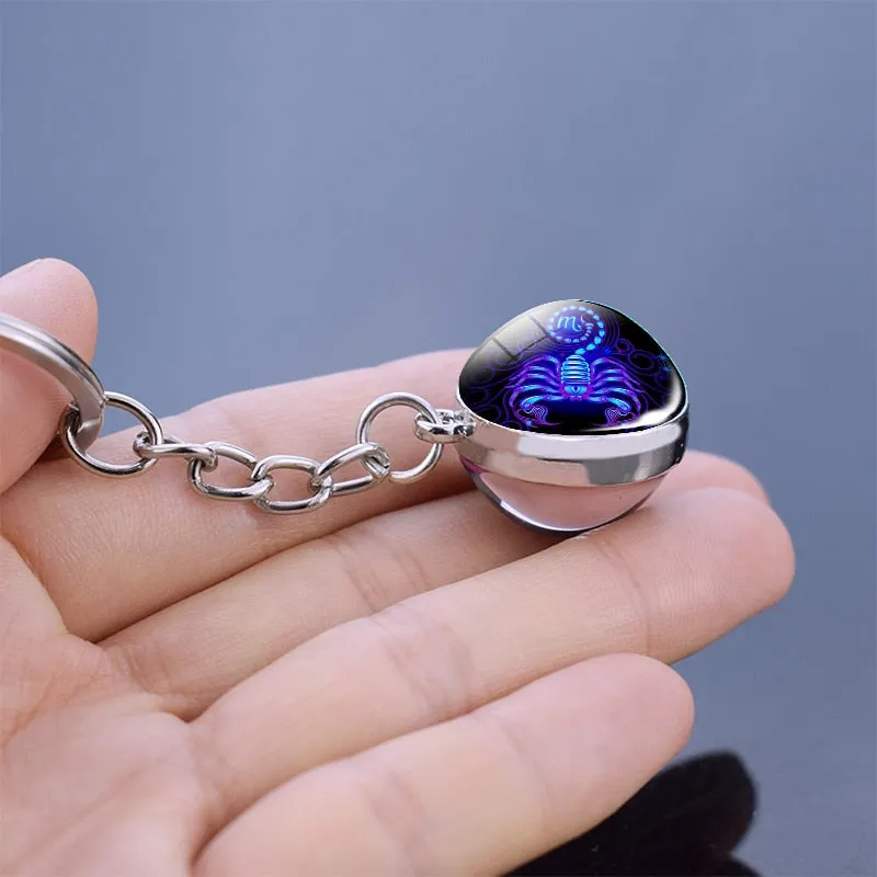 12 Constellation Keychain Fashion Double Side Cabochon Glass Ball Keychain For Men Women