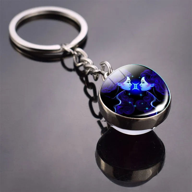 12 Constellation Keychain Fashion Double Side Cabochon Glass Ball Keychain For Men Women