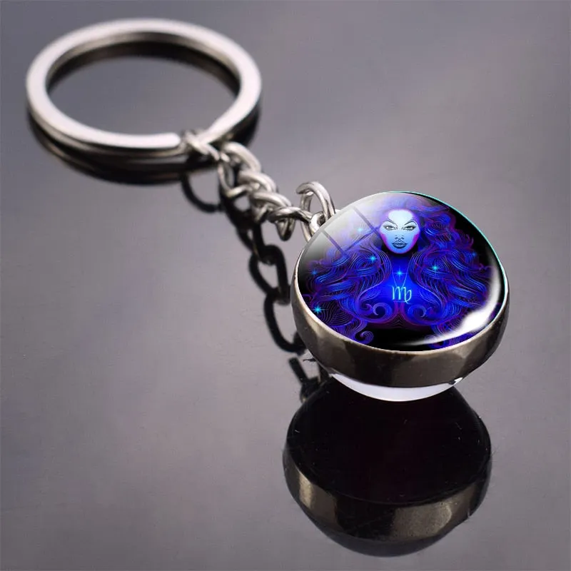 12 Constellation Keychain Fashion Double Side Cabochon Glass Ball Keychain For Men Women