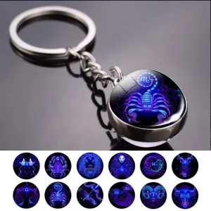 12 Constellation Keychain Fashion Double Side Cabochon Glass Ball Keychain For Men Women