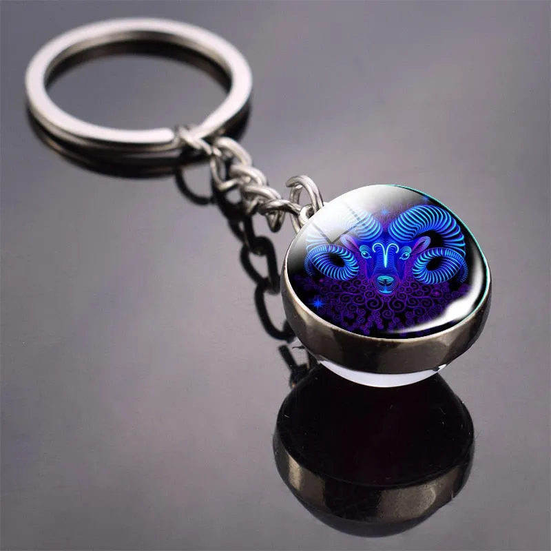 12 Constellation Keychain Fashion Double Side Cabochon Glass Ball Keychain For Men Women