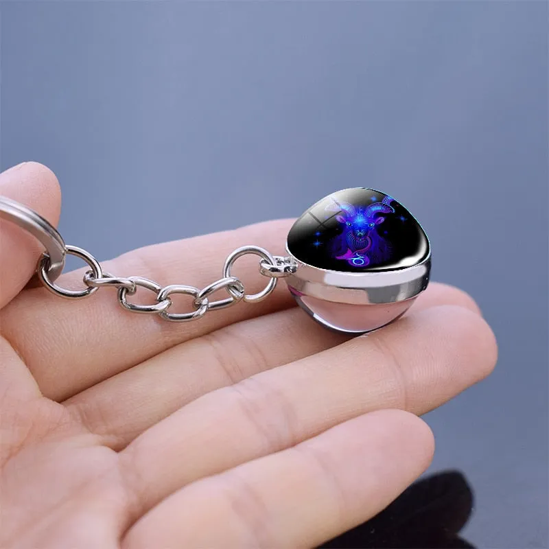 12 Constellation Keychain Fashion Double Side Cabochon Glass Ball Keychain For Men Women