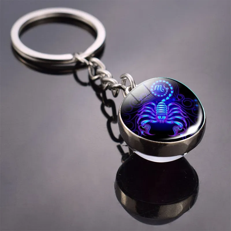 12 Constellation Keychain Fashion Double Side Cabochon Glass Ball Keychain For Men Women