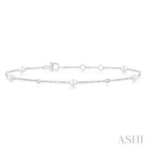 1/20 Ctw 3 MM Cultured Pearl and Round Cut Diamond Fashion Station Bracelet in 14K White Gold