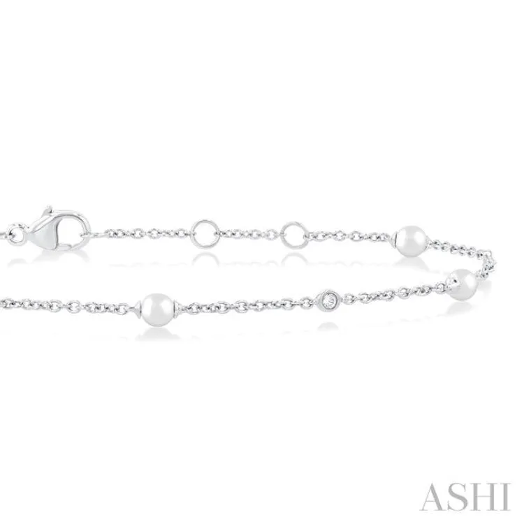 1/20 Ctw 3 MM Cultured Pearl and Round Cut Diamond Fashion Station Bracelet in 14K White Gold