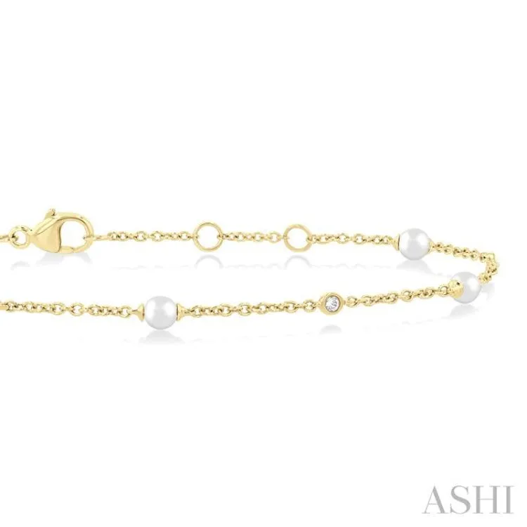 1/20 Ctw 3 MM Cultured Pearl and Round Cut Diamond Fashion Station Bracelet in 14K Yellow Gold