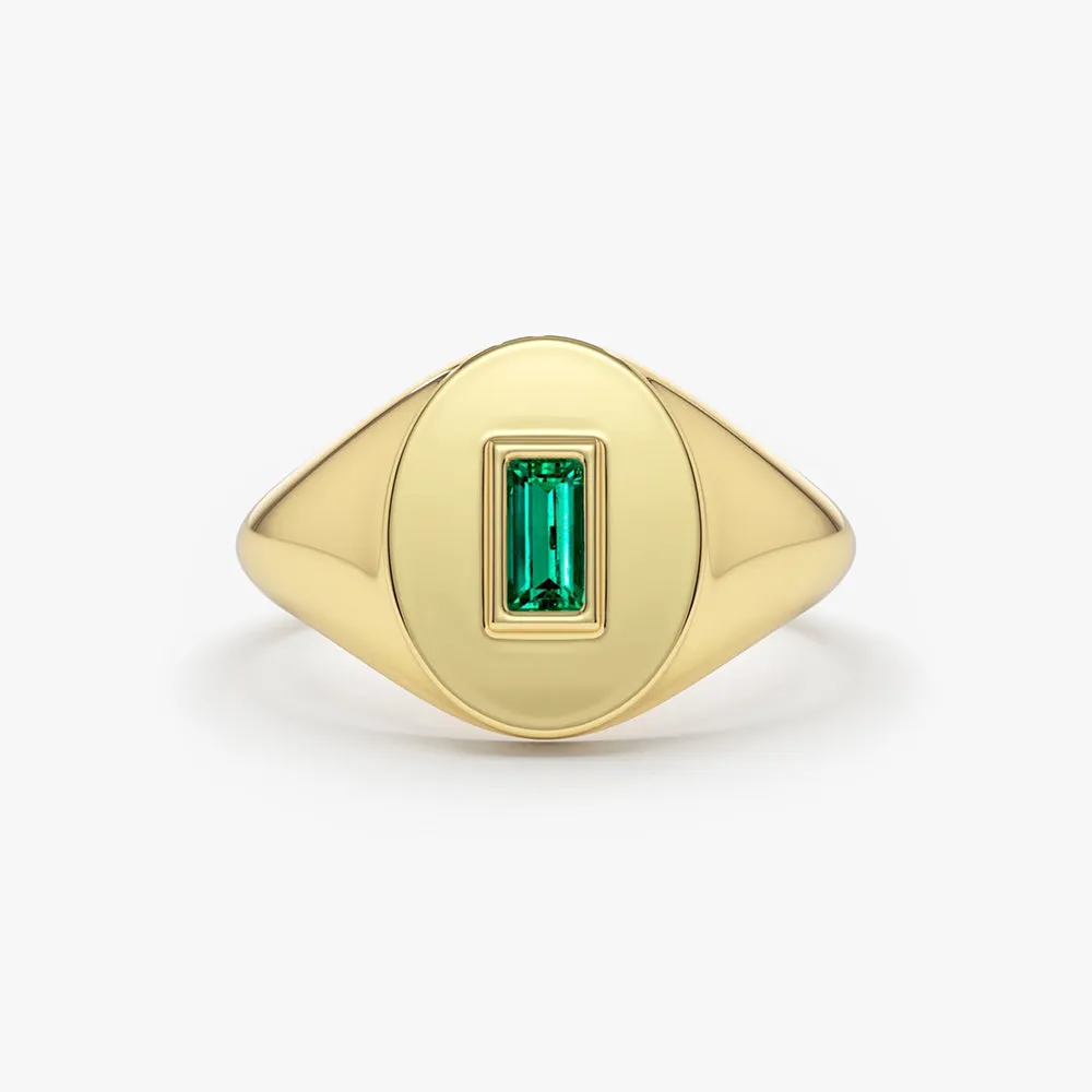 14k Gold Baguette Emerald Signet Ring