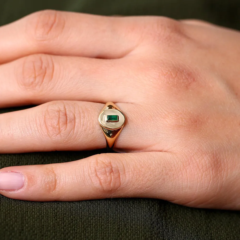 14k Gold Baguette Emerald Signet Ring