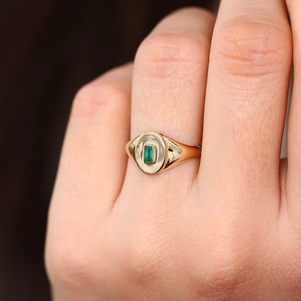 14k Gold Baguette Emerald Signet Ring