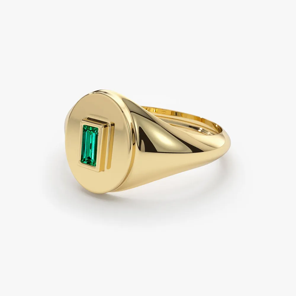 14k Gold Baguette Emerald Signet Ring