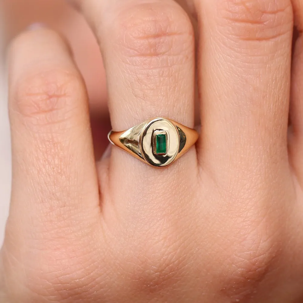 14k Gold Baguette Emerald Signet Ring