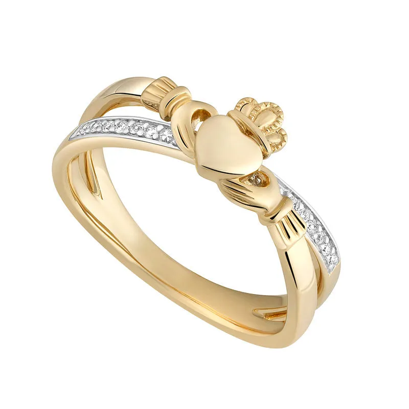 14K Gold Diamond Claddagh Crossover Ring