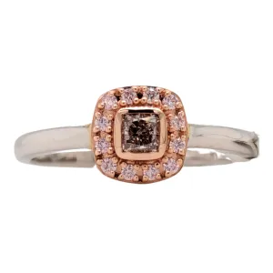 14K Two Tone Cushion Cut Pink Diamond Halo Ring