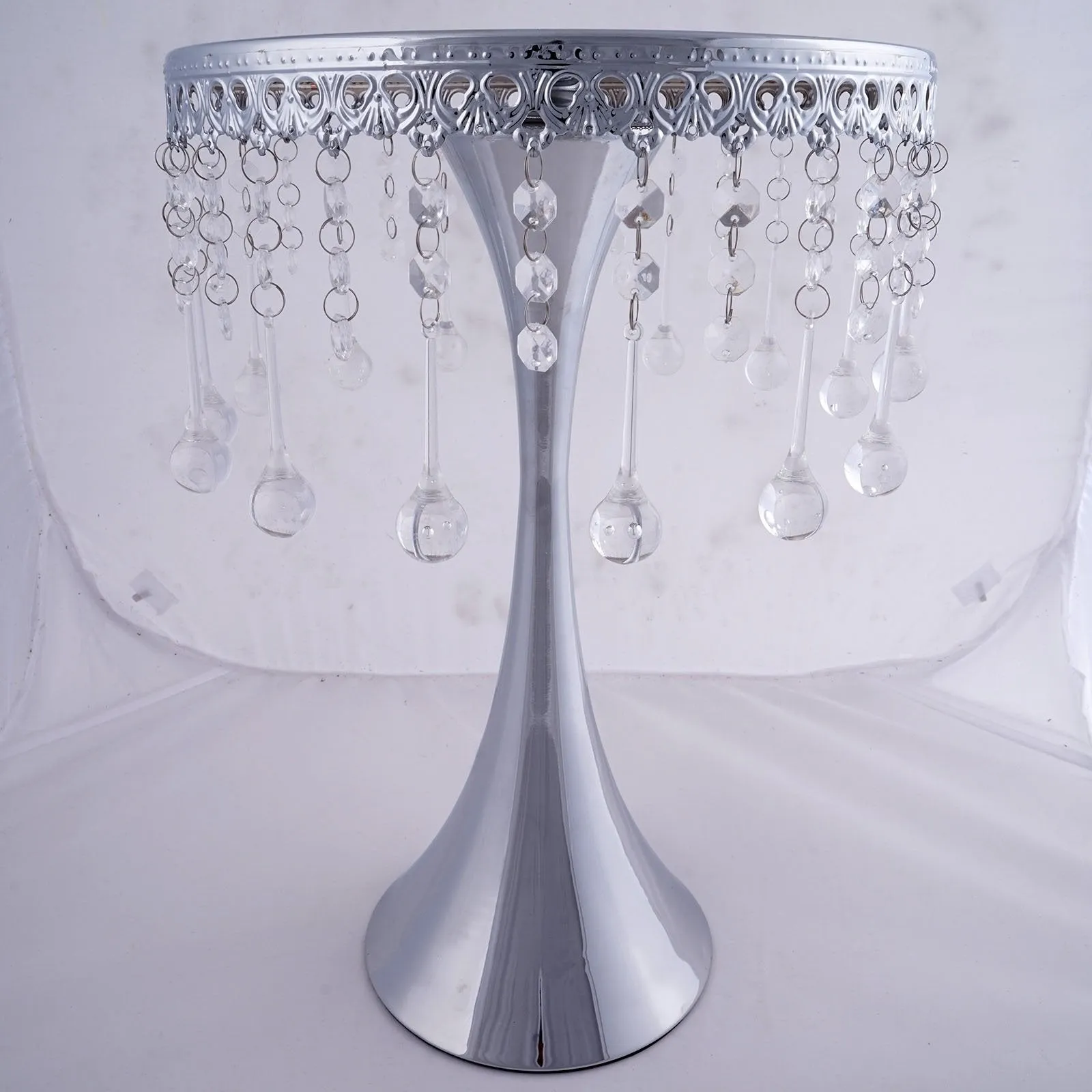 17" Tall Silver Metallic Trumpet Cake Riser Centerpiece with hanging Acrylic Crystal Chains