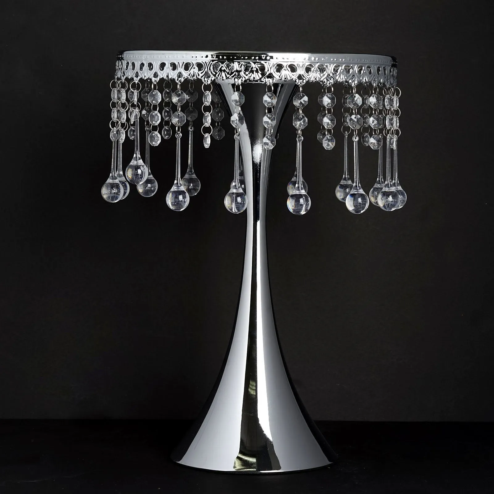 17" Tall Silver Metallic Trumpet Cake Riser Centerpiece with hanging Acrylic Crystal Chains