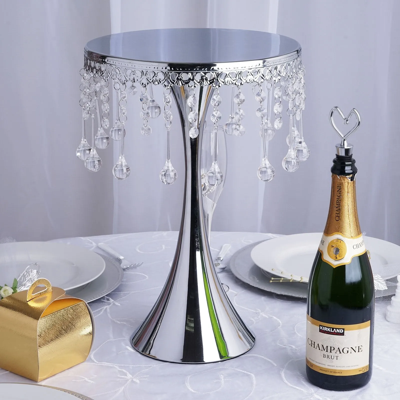 17" Tall Silver Metallic Trumpet Cake Riser Centerpiece with hanging Acrylic Crystal Chains