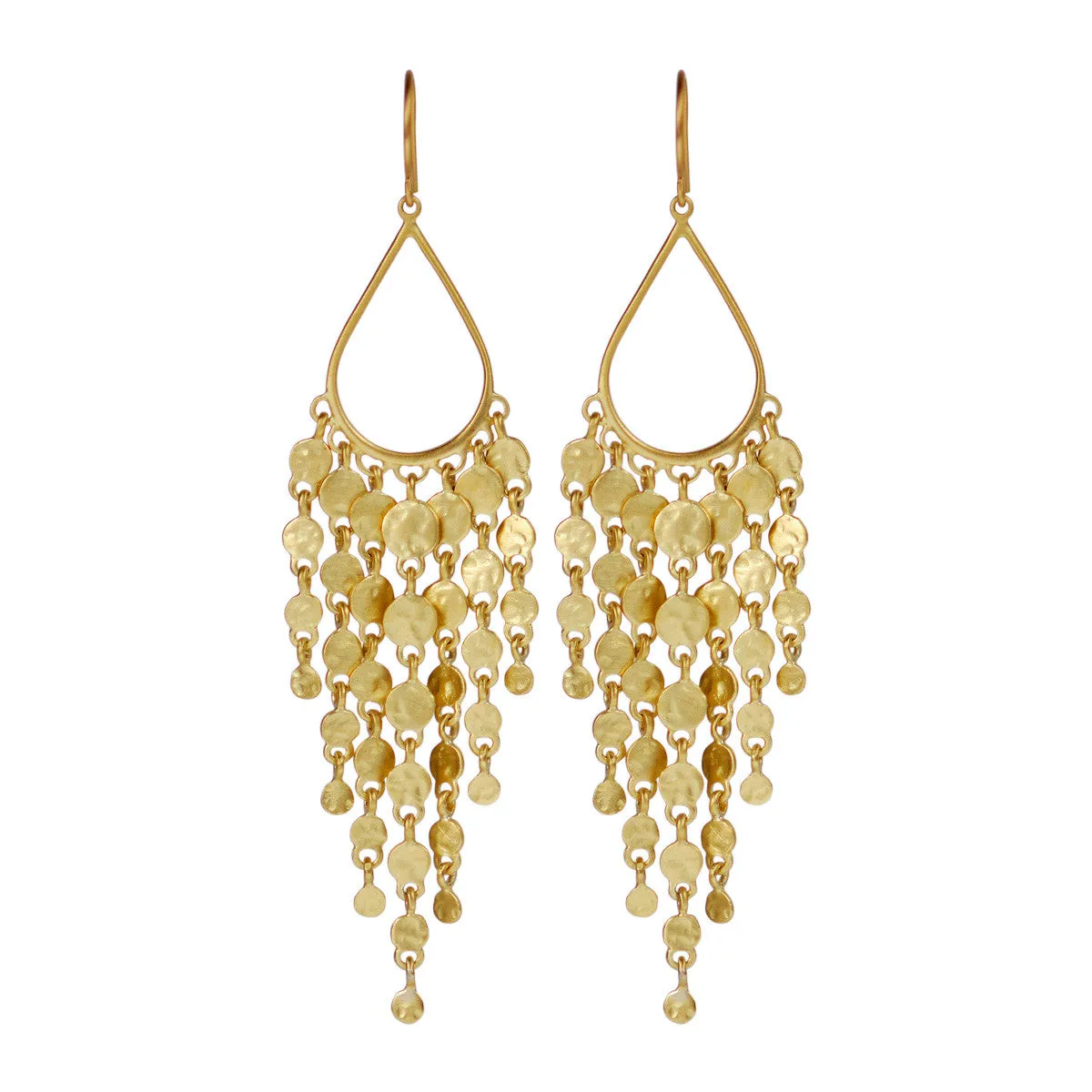 18K Gold Teardrop Hammered Disc Fringe Earrings