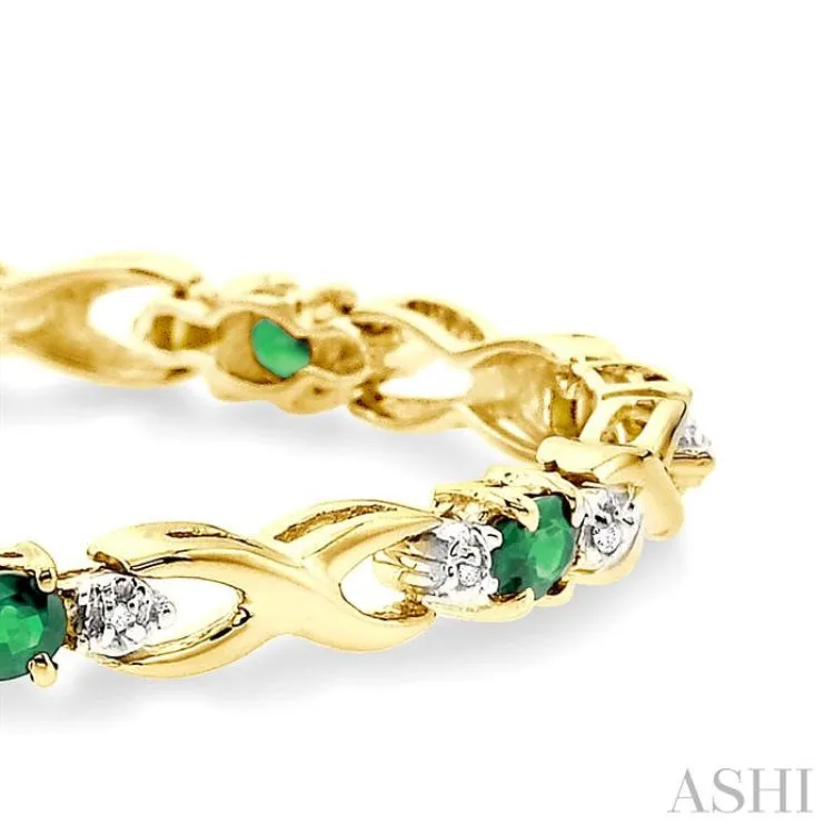 4x3mm Oval Cut Emerald and 1/10 Ctw Single Cut Diamond Bracelet in 14K Yellow Gold