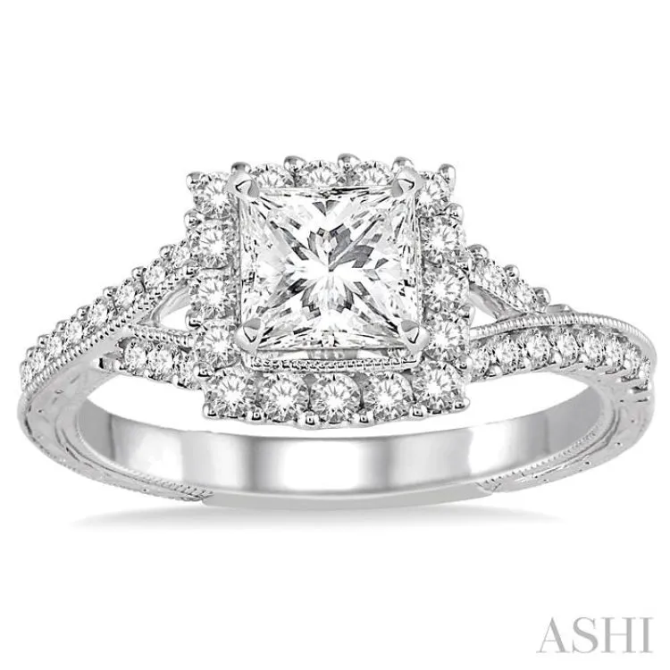 7/8 Ctw Diamond Engagement Ring with 3/8 Ct Princess Cut Center Stone in 14K White Gold