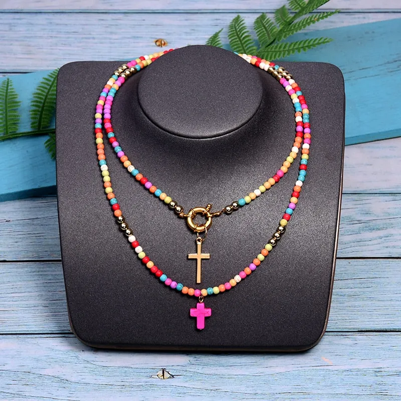 85 cm long women's cross pendant necklace fashion color beads boho double statement women's necklace direct sales