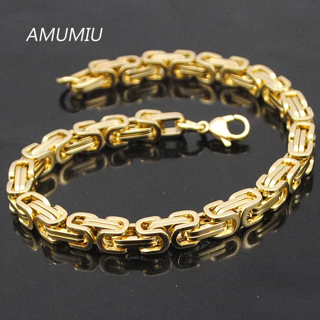 AMUMIU Promotion! Men's Bracelets Gold Chain Link Bracelet Stainless Steel 5.5mm Width Byzantine Wholesale High Quality KB002