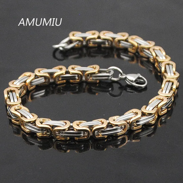 AMUMIU Promotion! Men's Bracelets Gold Chain Link Bracelet Stainless Steel 5.5mm Width Byzantine Wholesale High Quality KB002