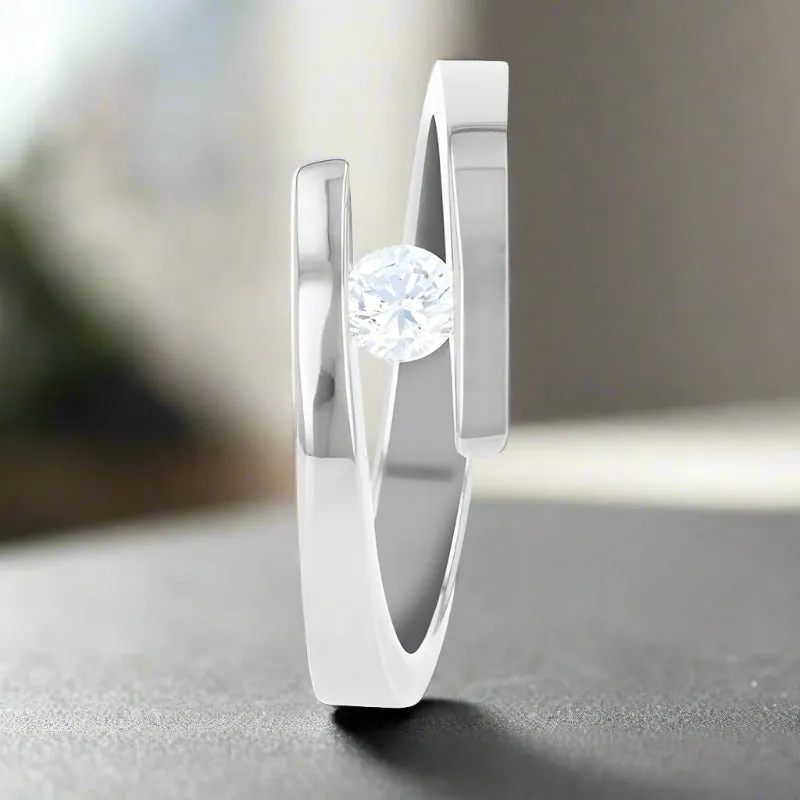 ANNA | Women's Silver Titanium Ring, Tension Set Diamond