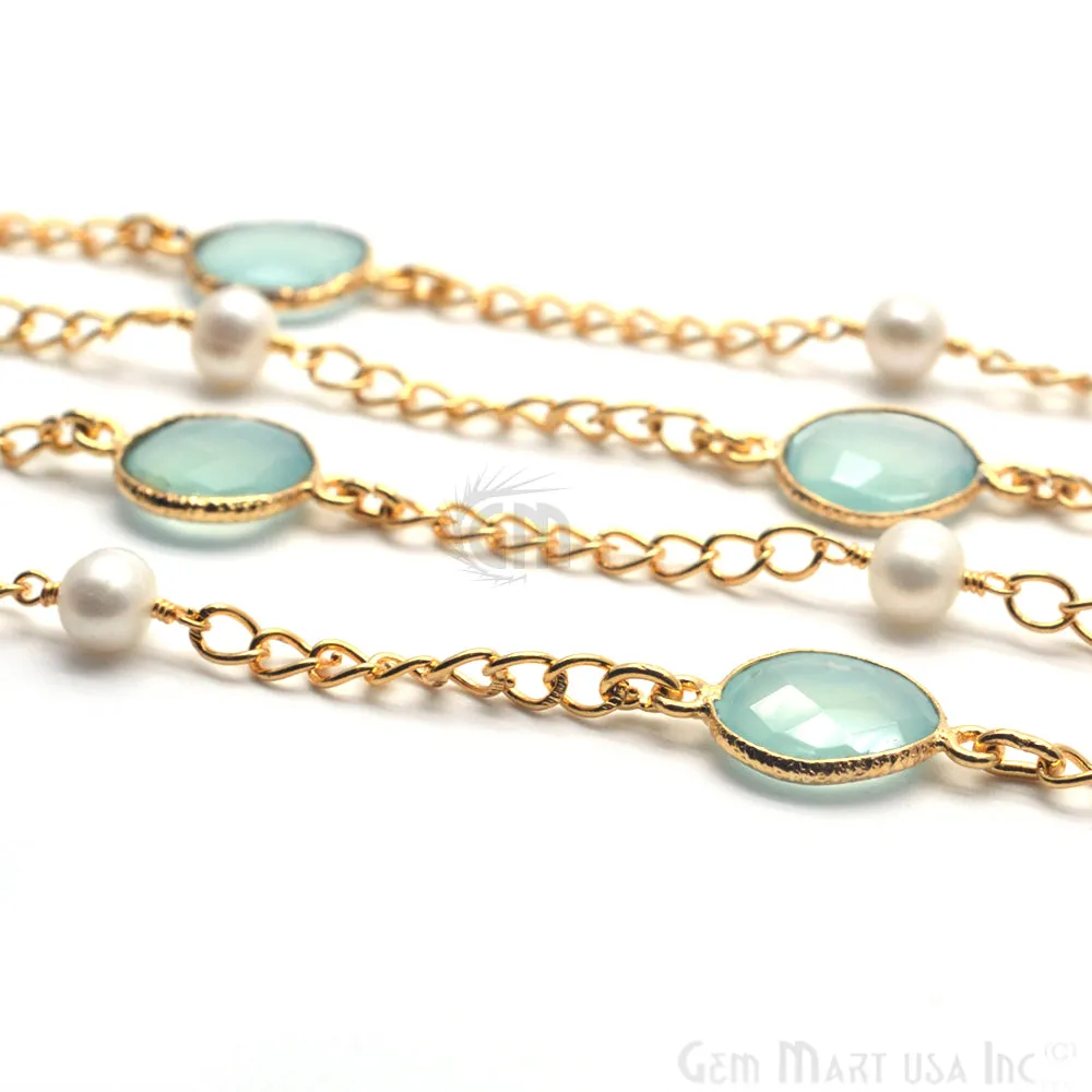 Aqua Chalcedony With Pearl 10mm Gold Plated Bezel Connector Chain