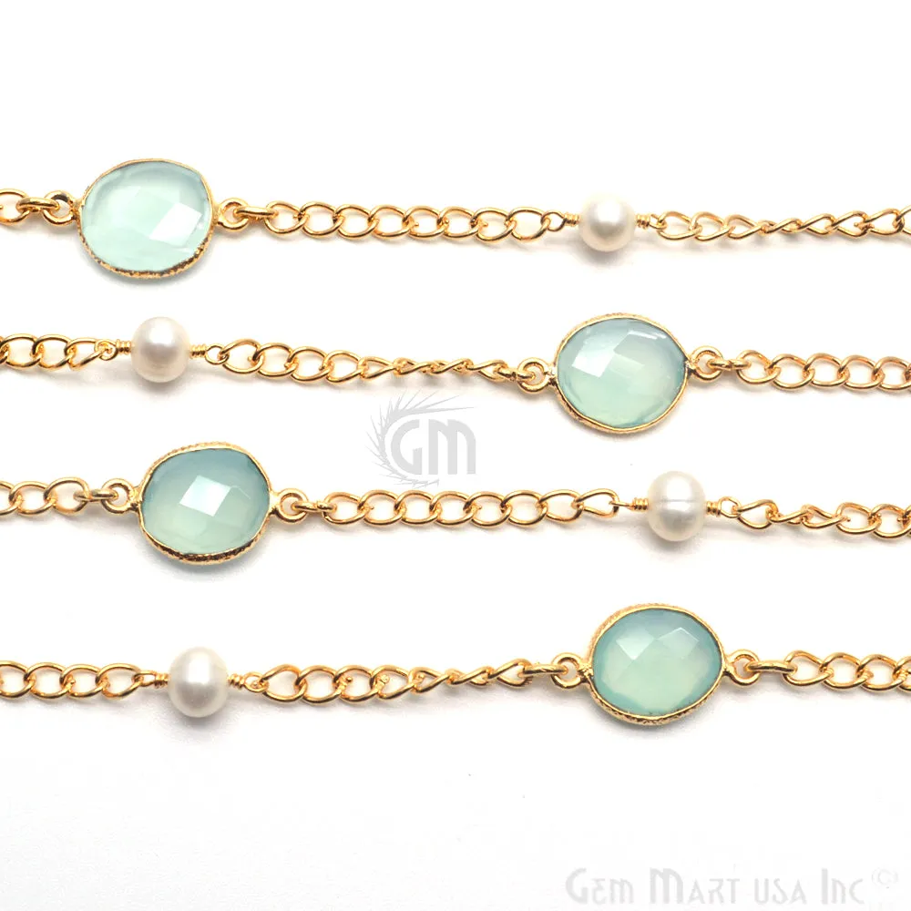 Aqua Chalcedony With Pearl 10mm Gold Plated Bezel Connector Chain