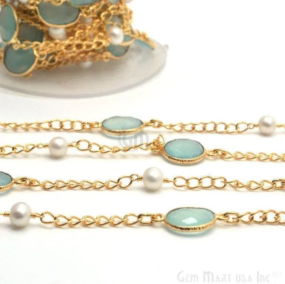 Aqua Chalcedony With Pearl 10mm Gold Plated Bezel Connector Chain