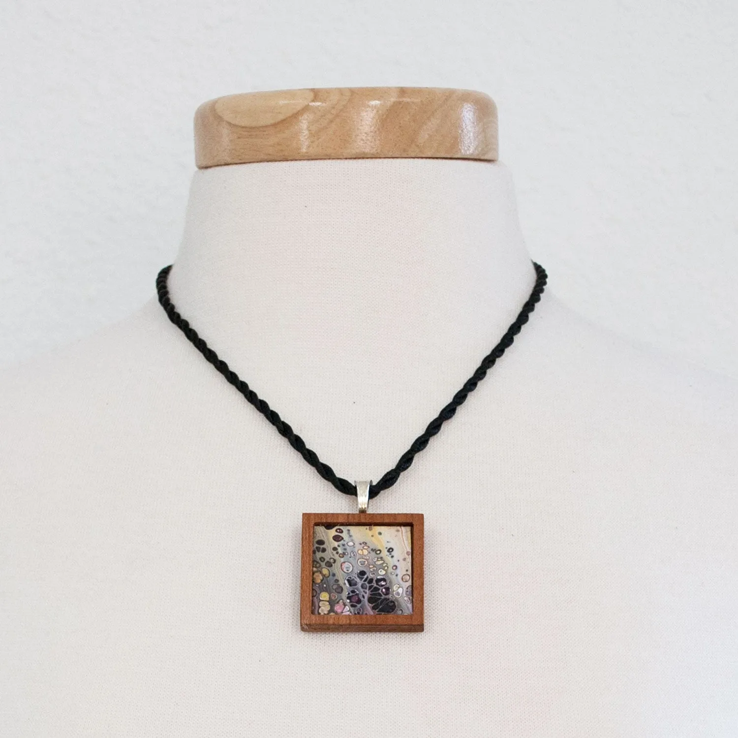 Art Necklace, gray and multi painting in hardwood frame