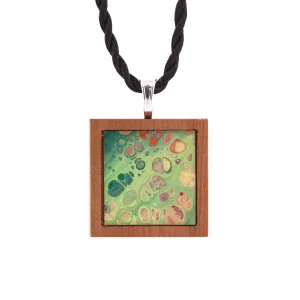 Art Necklace, green, yellow, orange painting in hardwood frame