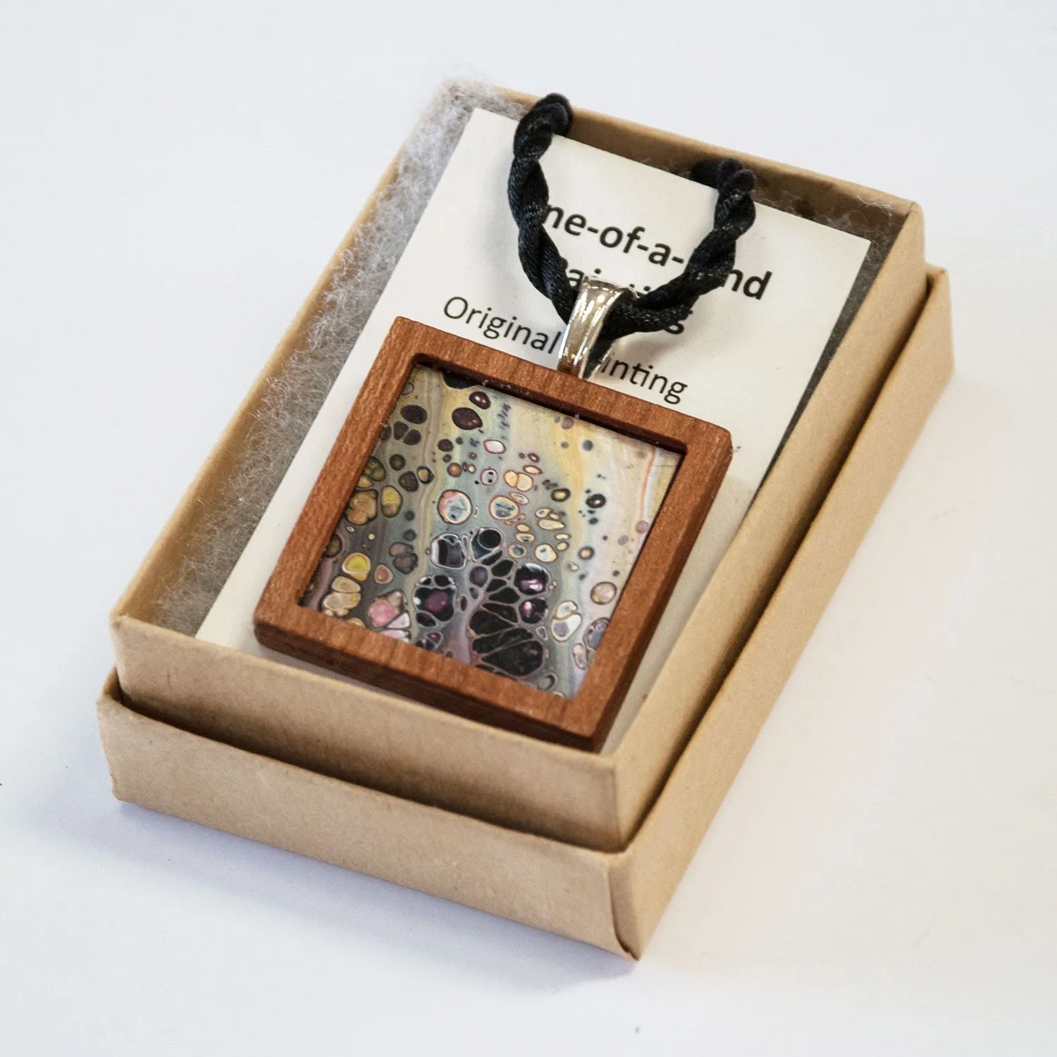 Art Necklace, green, yellow, orange painting in hardwood frame