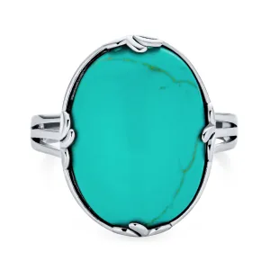 Big Oval Gemstone Western Statement Jade Turquoise Ring .925 Silver