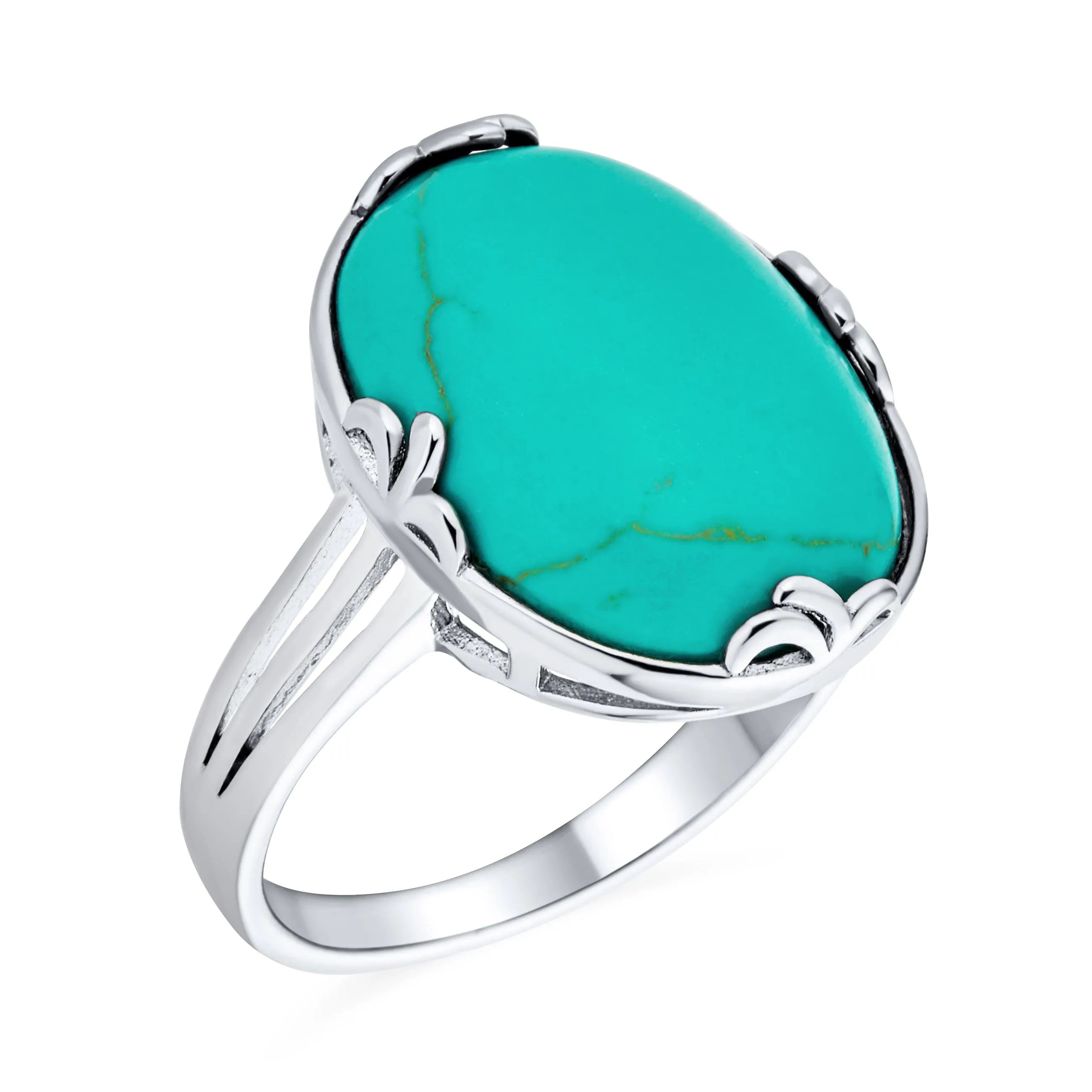 Big Oval Gemstone Western Statement Jade Turquoise Ring .925 Silver