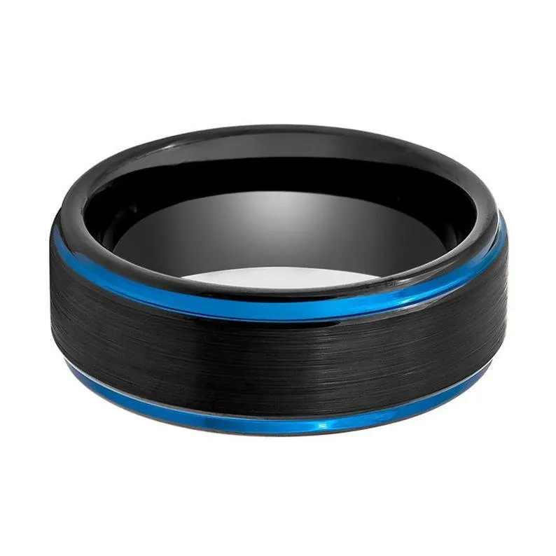 BLIGHT | Black Tungsten Ring, Blue Edges, Stepped Edge