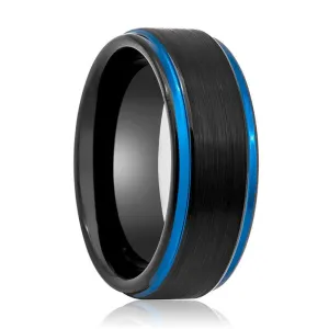 BLIGHT | Black Tungsten Ring, Blue Edges, Stepped Edge