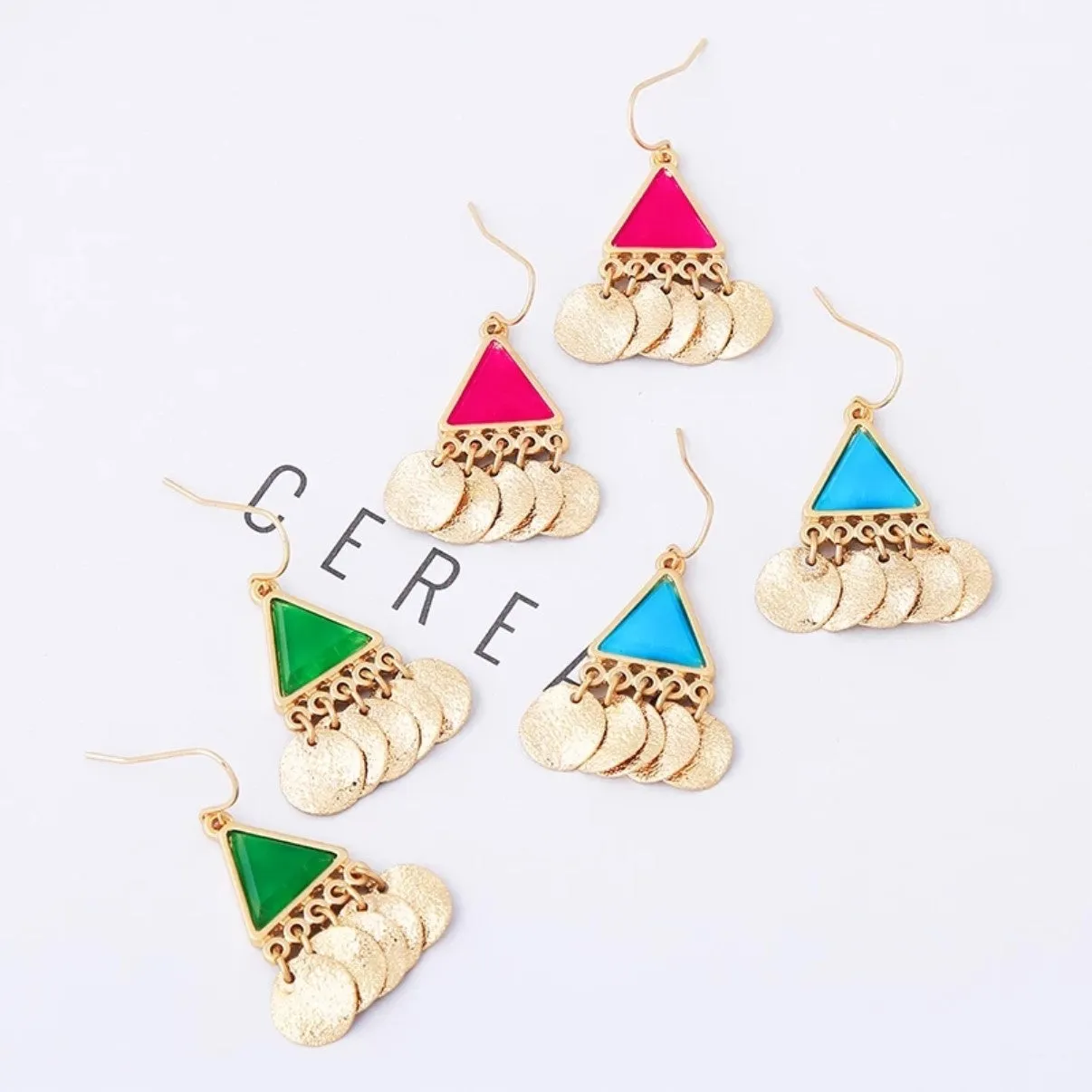 Bohemian Blue & Red Triangle Acrylic Golden Tassel Drop Earrings