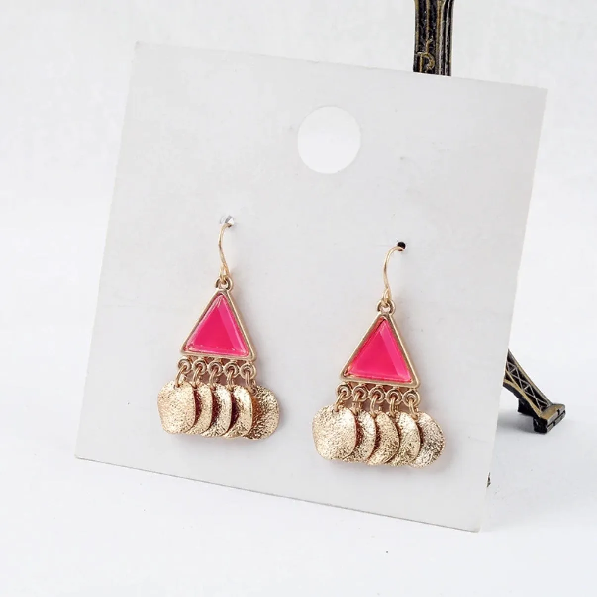 Bohemian Blue & Red Triangle Acrylic Golden Tassel Drop Earrings