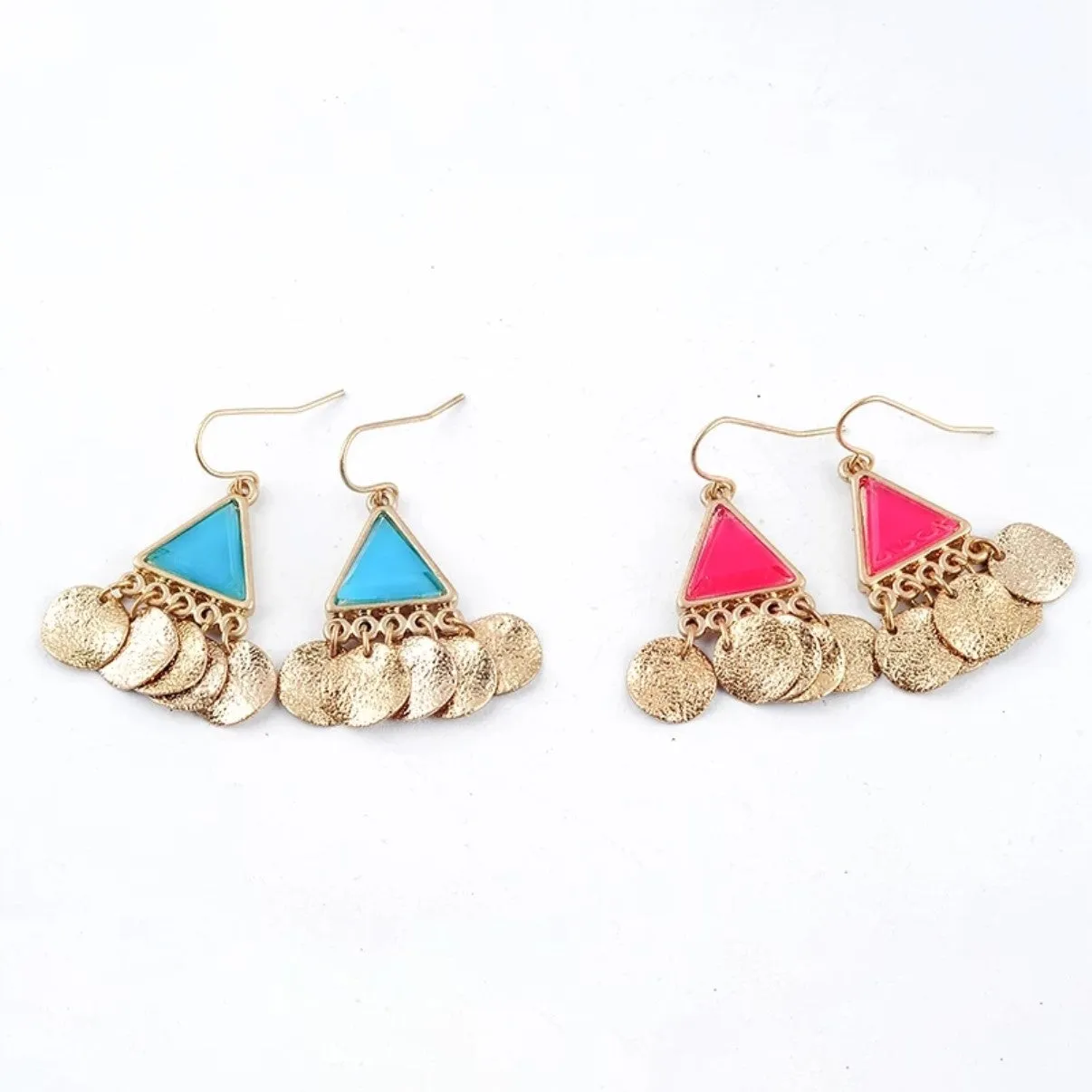 Bohemian Blue & Red Triangle Acrylic Golden Tassel Drop Earrings