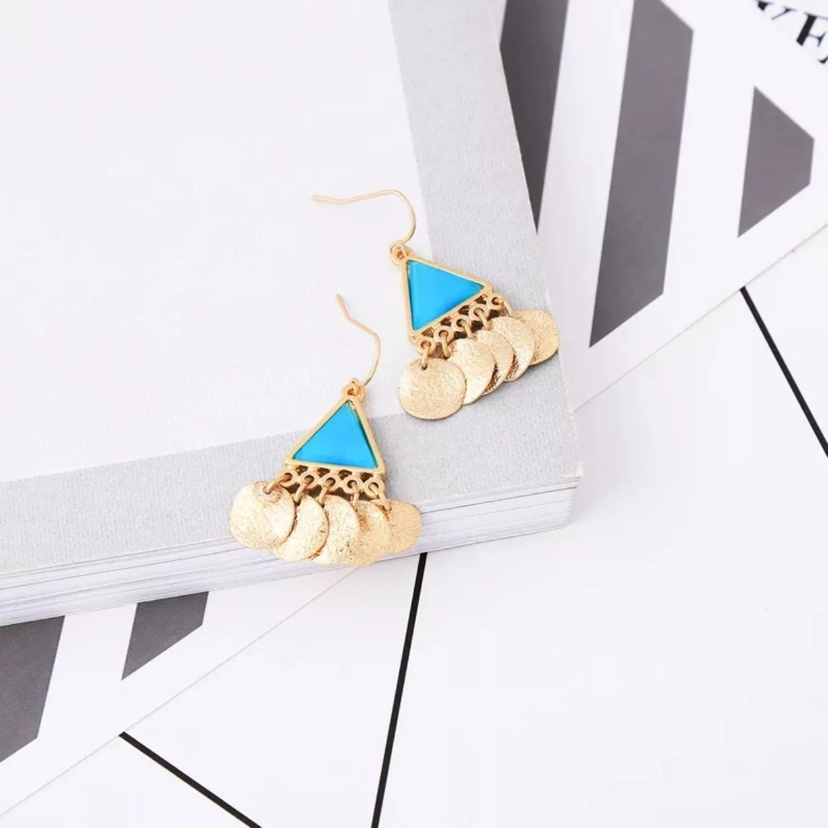 Bohemian Blue & Red Triangle Acrylic Golden Tassel Drop Earrings