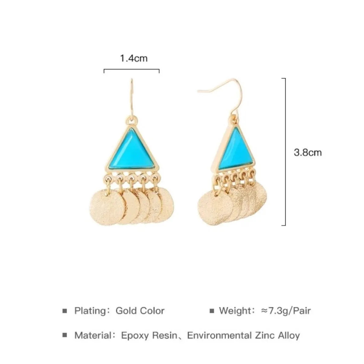 Bohemian Blue & Red Triangle Acrylic Golden Tassel Drop Earrings