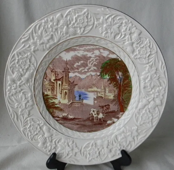 Brown Polychrome Transferware Charger Platter Serving Tray Grazing Cattle Sheep Castle with Embossed Border