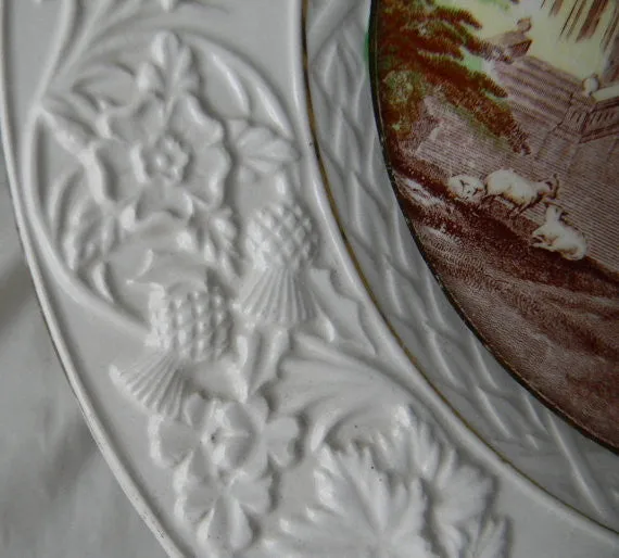 Brown Polychrome Transferware Charger Platter Serving Tray Grazing Cattle Sheep Castle with Embossed Border