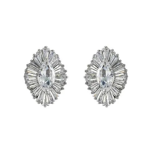 Classic Elegant Diamond Form Baguette Setting CZ Stud Brass Earrings