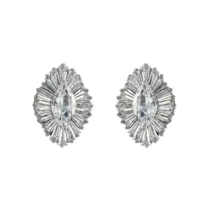 Classic Elegant Diamond Form Baguette Setting CZ Stud Brass Earrings