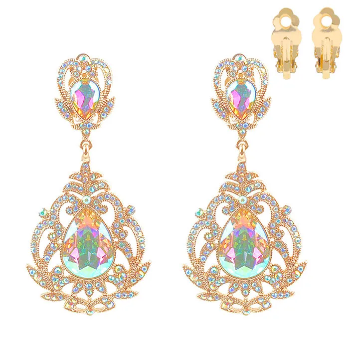 Clip On AURBO Large Crystal Earrings for Women