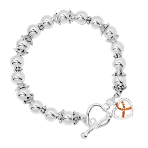 Crystal Heart Orange Ribbon Charm Silver Beaded Bracelets