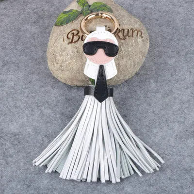 Cute Big Brand Karl Genuine Tassels Monster Bag Bugs Car Ornaments Leather Tassels Bag Charm Key Chain K008-black